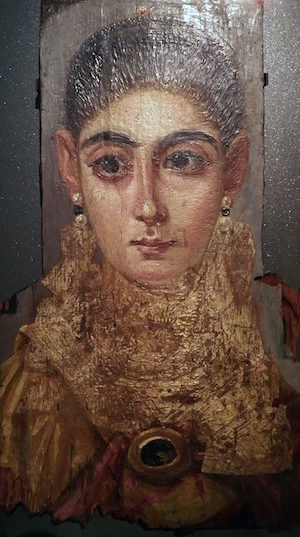 Fayum Funeral Portrait, Mummy Portrait of a Woman, Antinoopolis, End of the Reign of Trajan, 98-117 A.D., Wax portrait on woo Fayum Funeral Portrait, Mummy Portrait of a Woman, Antinoopolis, End of the Reign of Trajan, 98-117 A.D., Wax portrait on woo